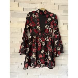 LUCCA 90's Long Bell Sleeve Stand Collar Crochet Lace Waistband Dress Mini  XS